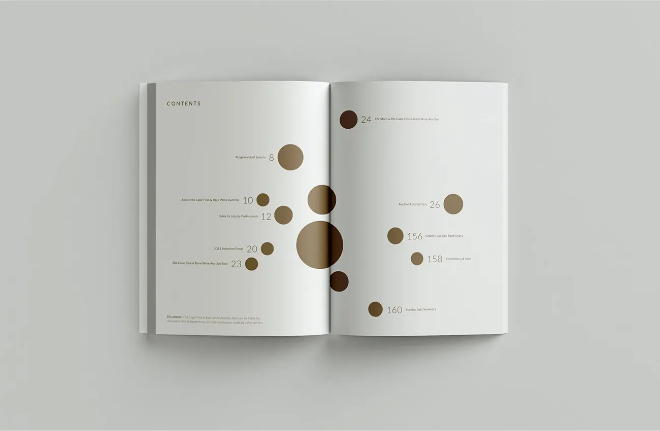 Cape Fine & Rare Wine Auction 2021 catalogue contents page design