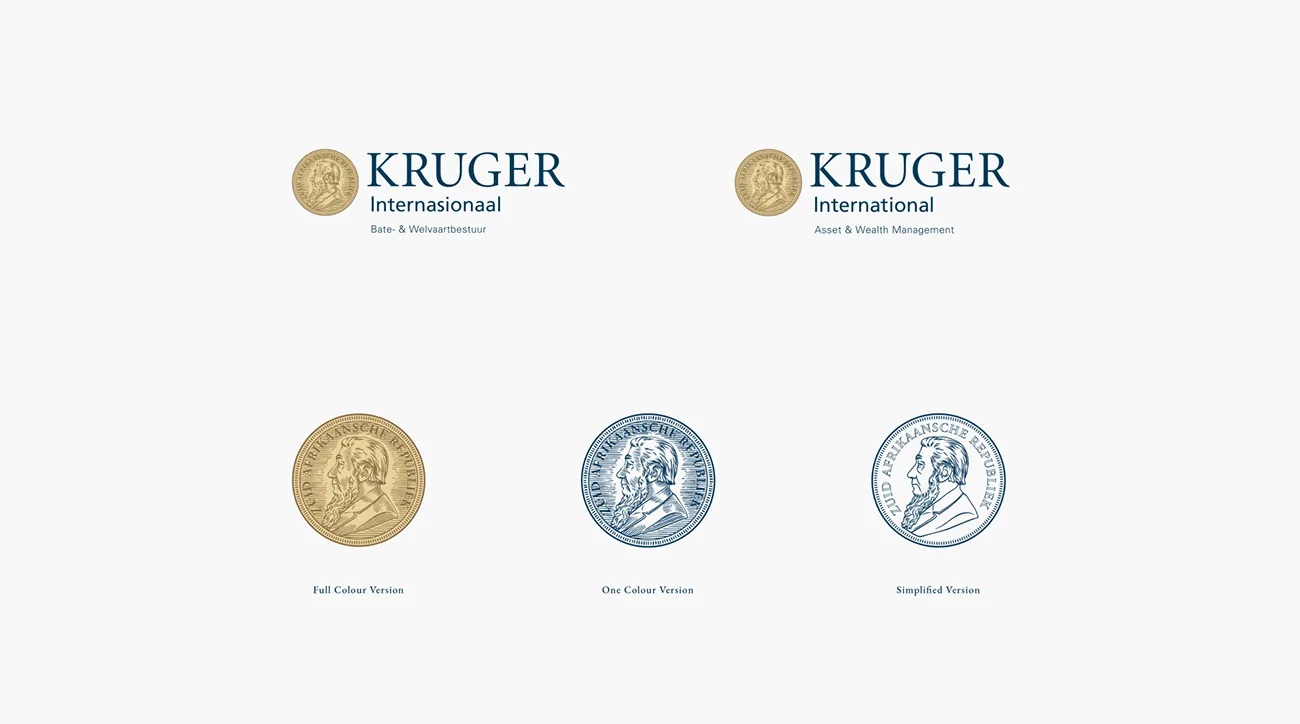 Collection of Kruger International's logo in Afrikaans, English, full colour, mono colour, and a simplified version.