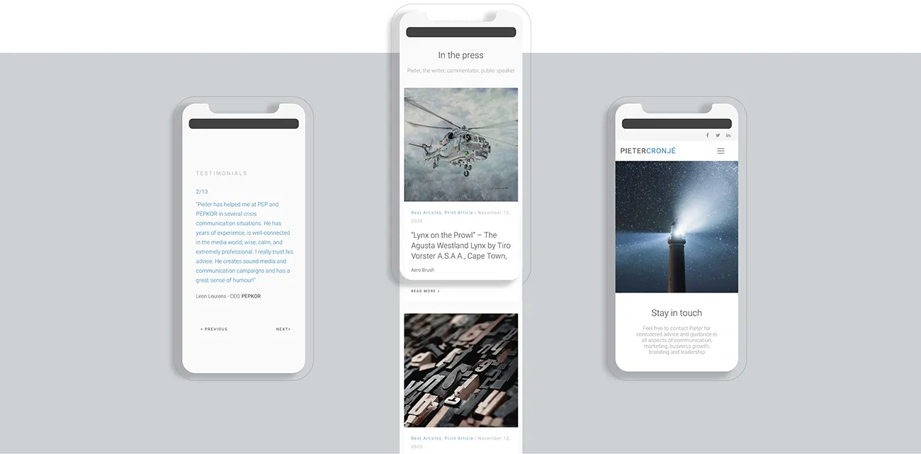 Pieter Cronjé website mobile view