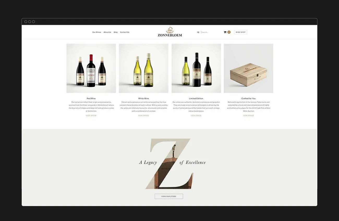 Zonnebloem website wine range and footer